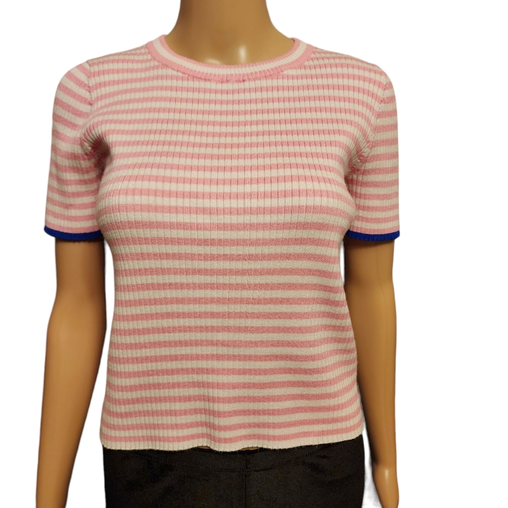 Cotton Emporium Pink and White Stripe Short Sleeve Sweater Size M - Picture 1 of 10